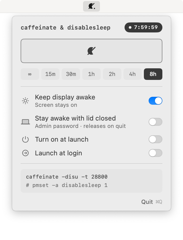 the popover, opened from the menu bar — an 8 hour session running